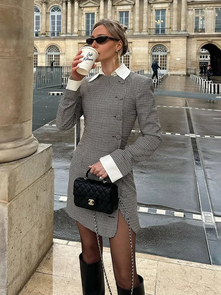 Aiertu - Women's Contrast Mini Dress Elegant Office Lady Lapel Slim High Waist Splice Buttons Cardigan Dresses Female Spring Dress Aiertu