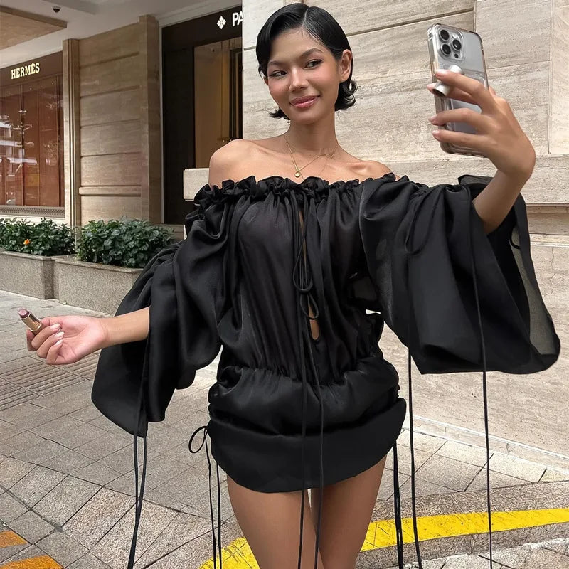 Aiertu - Elegant Flare Sleeve Off-Shoulder Mini Dresses for Women Ruffles Lace Up Backless Dress Lady High Street Y2K Party Club Vestidos Aiertu