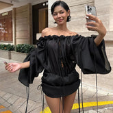 Aiertu - Elegant Flare Sleeve Off-Shoulder Mini Dresses for Women Ruffles Lace Up Backless Dress Lady High Street Y2K Party Club Vestidos Aiertu