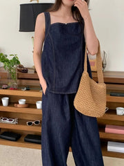 Aiertu - Sweet Hot Girl Denim Suit Women's Summer Bow Back Sleeveless Shirt Elastic Waist Wide Leg Pants Two-piece Set Female Clothes Aiertu