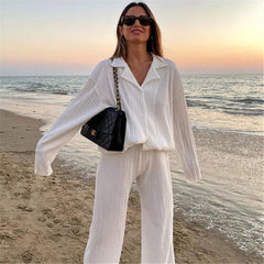 Aiertu - Causal Commuter Ladies Long Top Pants Set Streetwear Shirt Suit Big Wig Trousers Loose Two-piece Set Women Suit Festival Outfit Aiertu