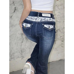 Aiertu - American Retro Lace Low Waist Slim Straight Jeans Women's New Trend Y2K Design Jeans Fashion Slim High Waist Jeans Women Aiertu