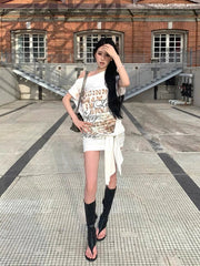Aiertu - Summer Sexy Harajuku Off The Shoulder Mid-length T Shirts American Subcultural Print Slim Dresses Y2k Spliced Lace Up Girl Dress Aiertu