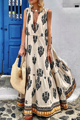 Aiertu - Fashion Print V Neck Cake Skirt Dresses(3 Colors) Aiertu