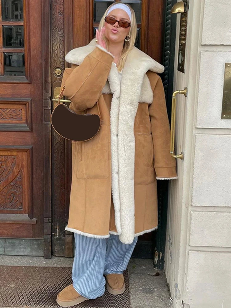 Aiertu - layered look inspo Vintage Patchwork Women Maxi Jacket Lapel Lamb Wool Pocket Lady Coat Fashion Full Sleeve Autumn Warm Thicken Female Top Aiertu