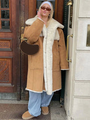 Aiertu - layered look inspo Vintage Patchwork Women Maxi Jacket Lapel Lamb Wool Pocket Lady Coat Fashion Full Sleeve Autumn Warm Thicken Female Top Aiertu