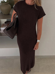 Aiertu - Summer Maxi Knit Dress Female Solid Short Sleeve Holiday Party Clothes Slim A-line Round Collar Lady Sweater Dress Casual Aiertu