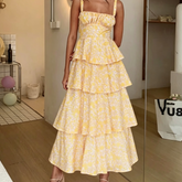 AIERTU - Cake Dress Floral Printed Sleeveless Straps U Neck Tank A Line Slim Waist Strap Tierred Holiday Beach Summer Long Dress Women Aiertu