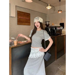 Aiertu Hot Girl Casual Suit Women's Summer O-neck Short-sleeved T-shirt Lace Patchwork A-line Skirt 2-piece Set Fashion Female Clothes Aiertu
