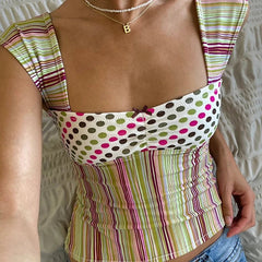 Aiertu Plaid/Stripes Print Square Neck Tank Tops Cottage Y2K Aesthetic Bow Trim Milkmaid Crop Top Women Backless Slim Fit Shirts Vest Aiertu