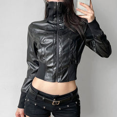 Aiertu - Faux Leather Turtleneck Crop Jacket Stylish Black Motorcycle Style Zipper Coat 100%PU Slim Fit Outwear Punk Street Aiertu