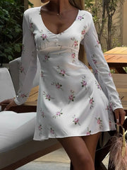 Aiertu - 2026 Fall Vintage Floral Print Short Dress Streetwear Office Lady V-neck Long Sleeve Tunics A-line Satin White Holiday Dresses Aiertu
