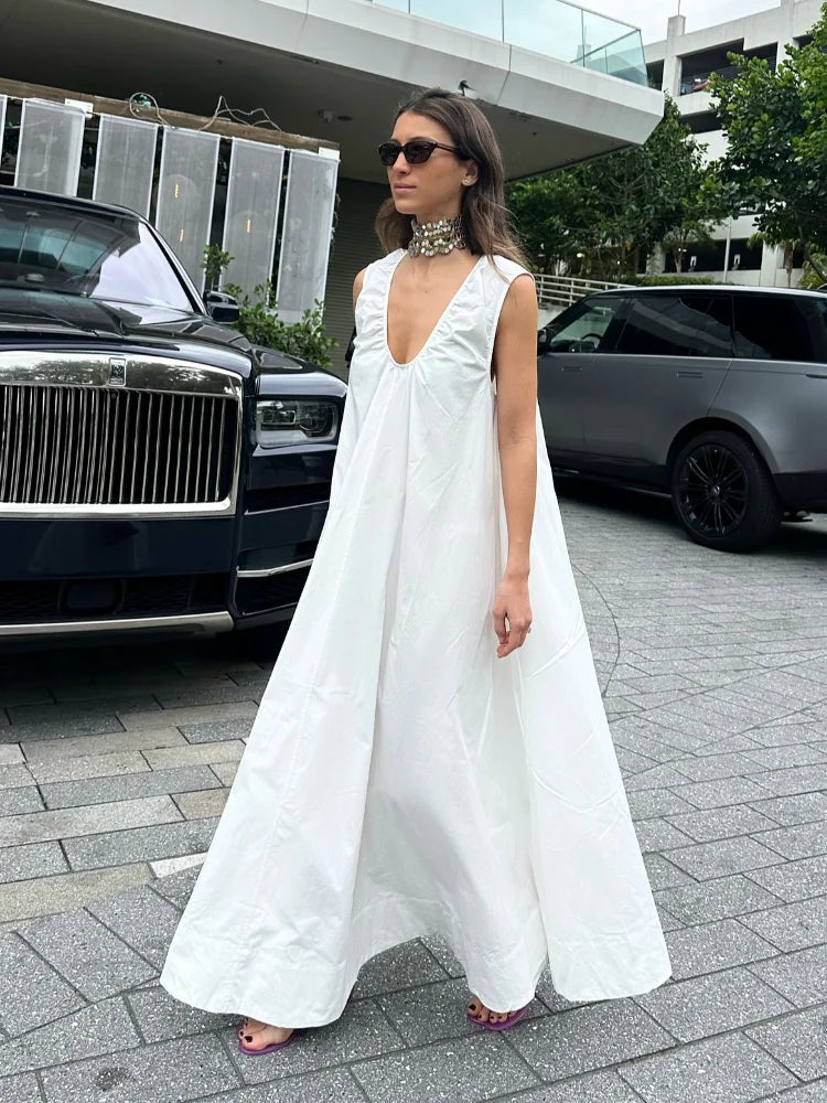 Aiertu - Sleeveless Summer Cotton Lined Long Dress Women Elegant V-neck Pleated Solid Loose Dresses Holiday Casual Evening Lady Vestidos Aiertu