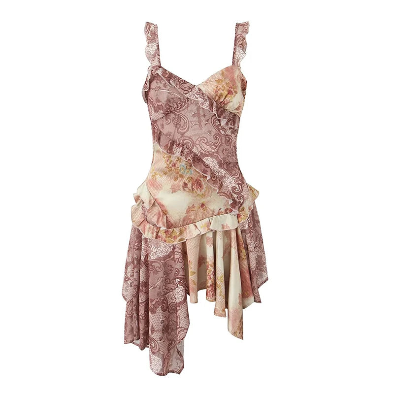 Aiertu - New Women Vintage Print Irregular Hem Sling Summer Beach Dresses Sexy Backless Sleeveless V Neck Short Holiday Dress Aiertu