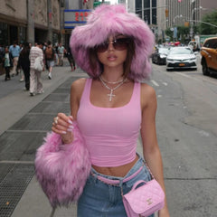 Aiertu - Luxury Fluffy Women Faux Fur Bucket Hats Oversized 17cm Wide Brim Thicken Outdoor Warm Plush Punk Hat Girl Y2k Female Ski Panama Aiertu
