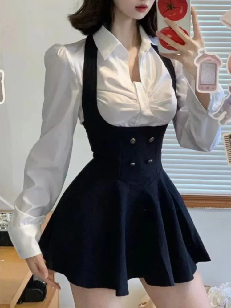 Aiertu 2025 spring fashion trend Korean Women Cropped Coat Long Sleeve Shirt High Waist Halter Ruffles Mini Dress Chic Fashion Sexy Outfits Y2K 3 Piece Set New Aiertu