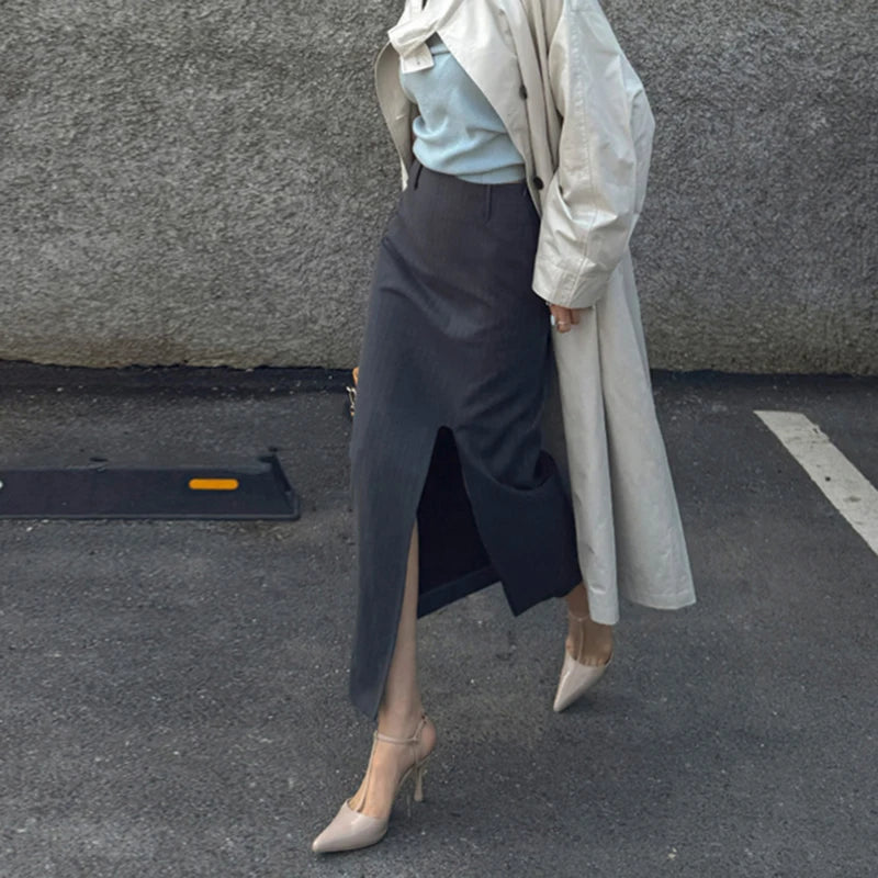 Aiertu - Elegant Striped Midi Skirt Women Fashion Sexy Slit Suit Wrap Skirts Summer Office Ladies Korean Split Slim Pencil Skirt Aiertu