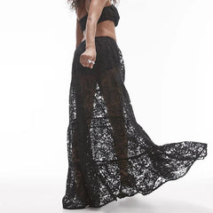 Aiertu - New Lace Embroidery Women's Half Skirts Elegant Hollow Perspective Solid Long Skirts fashion All Match Club Party Elastic Skirts Aiertu