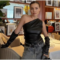 Aiertu - Fall Outfits 2026 Slim One Shoulder Leather Waistcoat With Gloves Women Sexy Sleeveless Irregular Vest 2026 Autumn New Lady Chic High Street Tops Aiertu