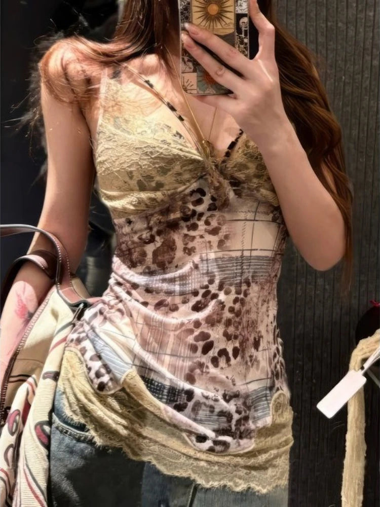 Aiertu - Vintage Leopard Printing Streetwear Tanks Women Sexy Patchwork Lace Slim Fit Camisole Summer Harajuku Y2k Aesthetic Tank Top Aiertu