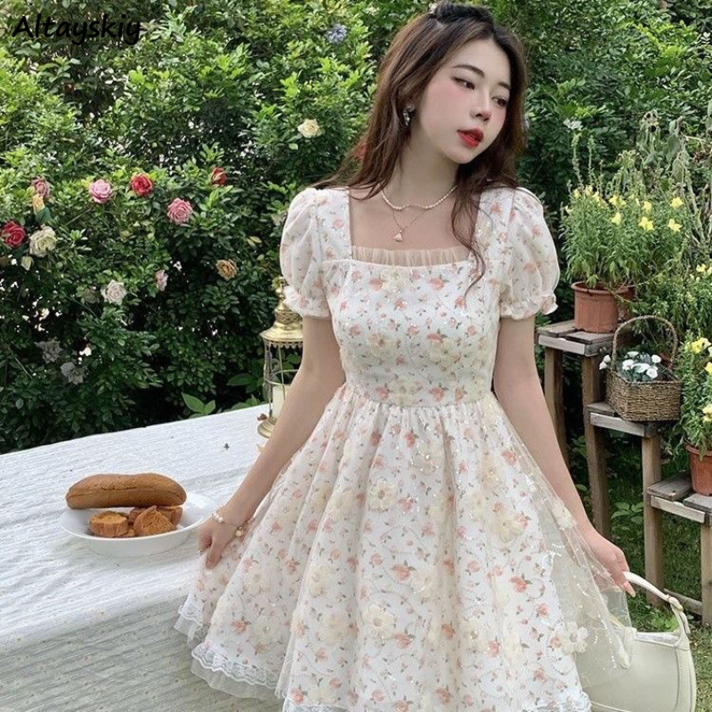 Aiertu Mini Dresses Women Tender Sweet Summer Puff Sleeve Princess Vestidos Elegant Ladies Vintage Prairie Chic Fashion Casual Aiertu