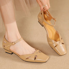 Aiertu - Plus size 34-41 women's genuine leather hollow-out ankle strap flats sandals elegant ladies slim daily dress shoes for woman hot Aiertu