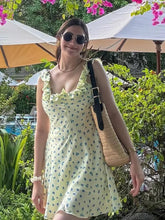 Aiertu - Women's Floral Print Mini Dresses 2026 Summer Sleeveless U Neck Ruffled Hem Vacation Outfit Light Green Leaf Elegant Party Dress Aiertu
