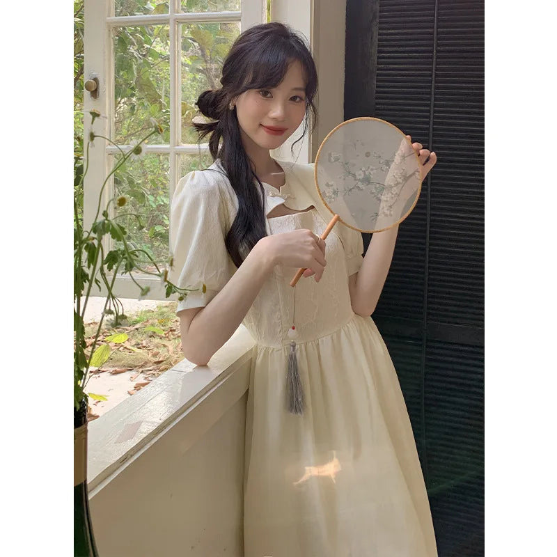 Aiertu Summer Hot Sale Of The Season New Chinese Style Pure Color Belted Waist Gown with Button Detail Elegant Atmosphere Women's Dress Aiertu