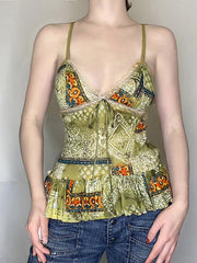 Aiertu -Vintage Printed Lace Bow Tie Cami Top aiertu