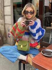 Aiertu - Casual Knitted Colorful Stripes Sweater Women Fashion O Neck Puff Long Sleeves Short Pullover Autumn Lady High Street Jumper Aiertu