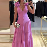 Aiertu - Elegant Deep V-neck Sleeveless Evening Dress Women Fashion Pleated Hight Waist Long Dress Sexy Backless Solid Slim Party Dresses Aiertu