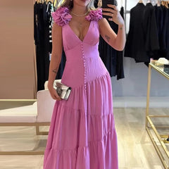 Aiertu - Elegant Deep V-neck Sleeveless Evening Dress Women Fashion Pleated Hight Waist Long Dress Sexy Backless Solid Slim Party Dresses Aiertu