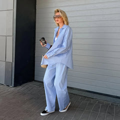 Aiertu - Casual Loose Oversized Two Piece Set for Women Elegant Trouser Suit Women with Pants Blue Wide Leg Pants Long Sleeve Shirts Set Aiertu