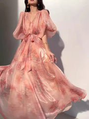 Aiertu - French Vintage Style Floral V-neck Dress Women's Summer Pure Sexy Loose A-line Long Dress Fashion Female Clothes Aiertu