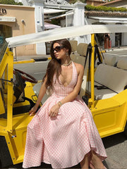 Aiertu - Fashion Pink Plaid Print Halter Dress Women Sexy V-neck Off Shoulder Pleated A-line Dresses 2026 High Street Vacation Vestido Aiertu