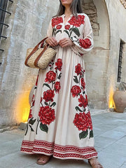 Aiertu - Women s Elegant Floral Print V-Neck Long Sleeve Maxi Dress with Flowy Silhouette for Casual Fall Style Aiertu