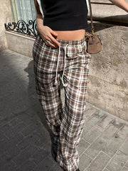 Aiertu Streetwear Drawstring Plaid Pants Elastic Waisted Fashion Casual Sweatpants Harajuku Aesthetic Y2K Straight Pants Aiertu