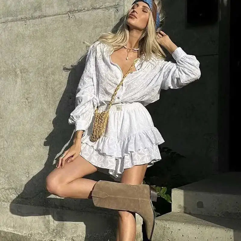 Aiertu - White Eyelet Cotton Dress Women Long Sleeve Buttons down Elastic Waist Ruffled Summer Dress Chic Girl Mini Dress Holiday Dresses Aiertu