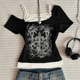 Aiertu - Y2k Slim Fit Print Tops Women Off Shoulder Short Sleeve Tee Shirt Neploe American Vintage Fake Two Piece Halter Lace Up T-shirts Aiertu