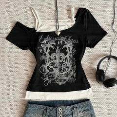 Aiertu - Y2k Slim Fit Print Tops Women Off Shoulder Short Sleeve Tee Shirt Neploe American Vintage Fake Two Piece Halter Lace Up T-shirts Aiertu