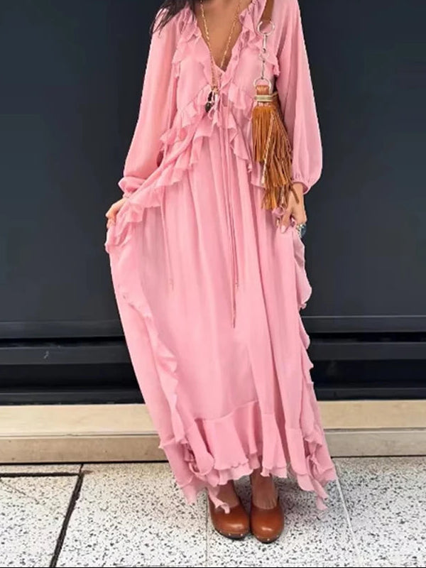 Aiertu - Ruffle Lace Deep V-neck Big Swing Long Dress Women Elegant Drawstring High Waist Long Flare Sleeve Holiday Pleated Lady Dresses Aiertu