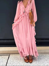 Aiertu - Ruffle Lace Deep V-neck Big Swing Long Dress Women Elegant Drawstring High Waist Long Flare Sleeve Holiday Pleated Lady Dresses Aiertu