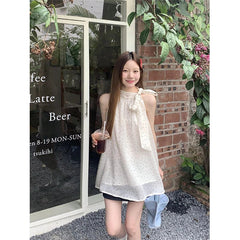 Aiertu Sweet Dot Shirts Women Elegant Bow Bandage Blouses Vintage Halter Print Tops Summer Korean Sleeveless Casual Clothes New Aiertu