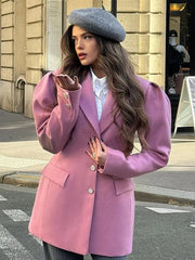 Aiertu - Puffed Sleeve Suit Coat Jacket Pink Heart-Shaped Elbow Waist Cinched Slimming Overcoat Commuter Casual Women Elegant Outwear Top Aiertu