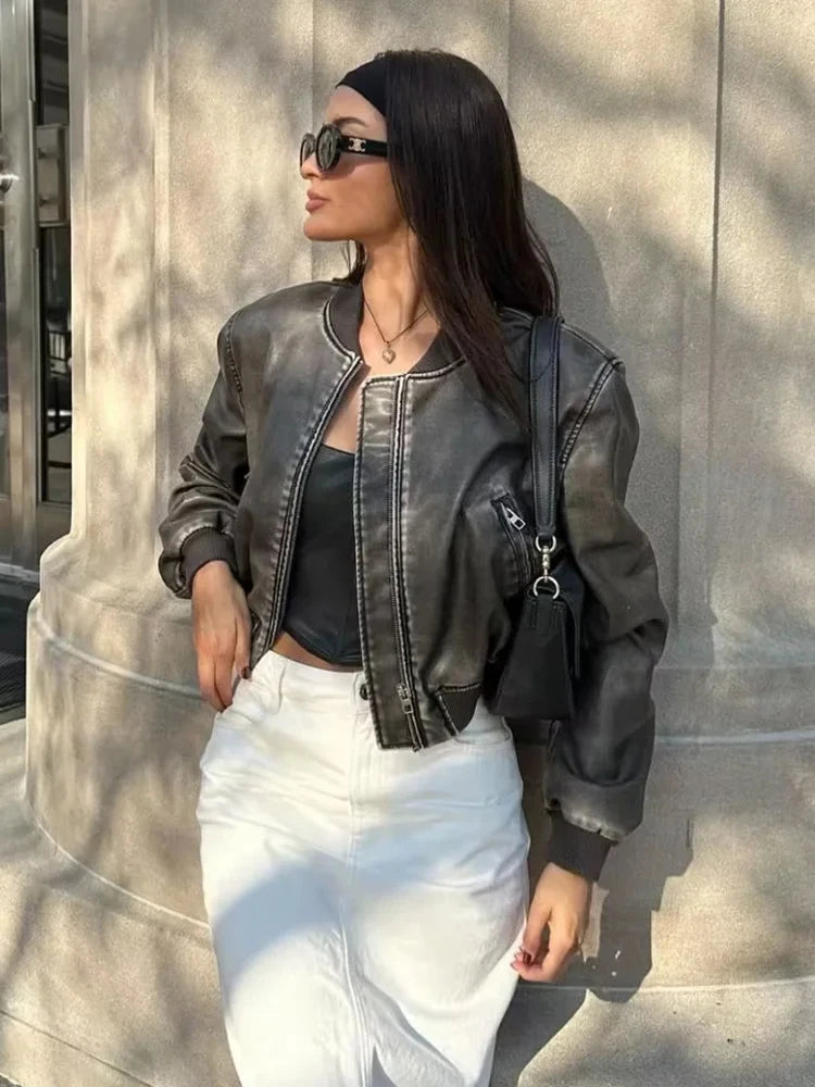 Aiertu - Autumn Faux Leather Jacket Women Vintage Short PU Jacket Coat Female Bomber Jacket Winter Clothes Women Aiertu