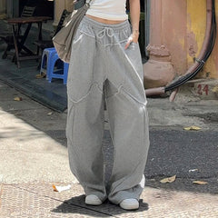 Aiertu - 2025 New Harajuku Korean Style Gray Loose Wide Leg Trousers Street Joggers Stylish Chic Split Patchwork Women Baggy Pants Aiertu