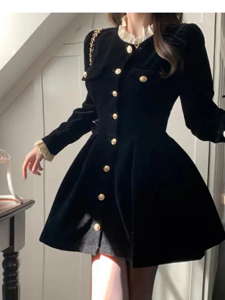 Aiertu - party look snspos Autumn Black Velvet Dresses for Women Long Sleeve Single Breasted Evening Party Dress Korean Fashion A-line Vestido Mujer New Aiertu