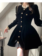 Aiertu - party look snspos Autumn Black Velvet Dresses for Women Long Sleeve Single Breasted Evening Party Dress Korean Fashion A-line Vestido Mujer New Aiertu
