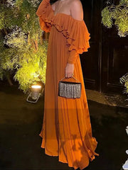Aiertu - Summer Elegant Solid Ruffles Maxi Dress For Women Fashion Off Shoulder High Waist Robe Chic Female Evening Party Vestidos Aiertu