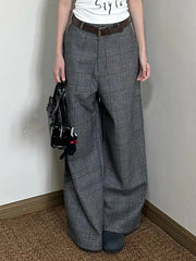 Aiertu - Women Checkered Tweed Suit Pants Office Work Casual Wide Leg Boot Cut High Waist Long Trousers Dressy Vintage Clothes Aiertu